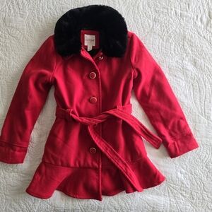 Cat & Jack Red Long Coat Size Small. Removable Faux Fur Collar.